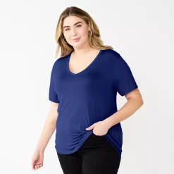 Plus Size Nine West Essential Soft Spun Short Sleeve V-Neck Top -Nine West shop 5233799 Blue