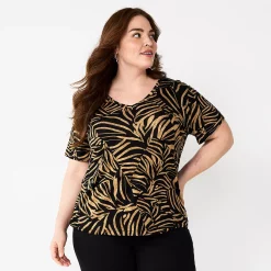 Plus Size Nine West Essential Soft Spun Short Sleeve V-Neck Top -Nine West shop 5233799 Bronze Parted Zebra