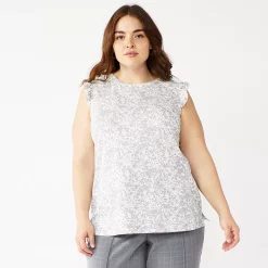 Plus Size Nine West Ruffle Shoulder Tank -Nine West shop 5245346 Gray Animal