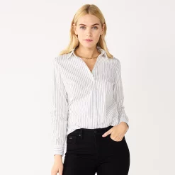 Women's Nine West Long Sleeve Structured Button-Down Shirt -Nine West shop 5284618 Black White Stripe