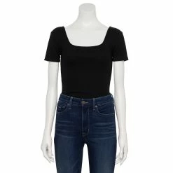 Women's Nine West Rib Short Sleeve Squareneck Bodysuit -Nine West shop 5290693 Black