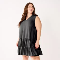 Plus Size Nine West Sleeveless Button-Front Tiered Drop Waist Dress -Nine West shop 5541789 Mineral Black