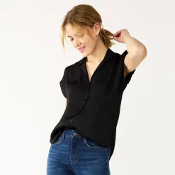Women's Nine West Short Sleeve Easy Lapel Shirt -Nine West shop 5577441 Black