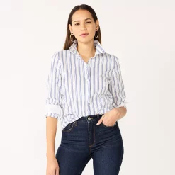 Petite Nine West Long Sleeve Structured Shirt 8 Petite Nine West Long Sleeve Structured Shirt -Nine West shop 5579645 Blue White Stripe