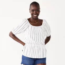 Women's Nine West Puff Sleeve Square Neck Peplum Top -Nine West shop 5594992 White Stripe