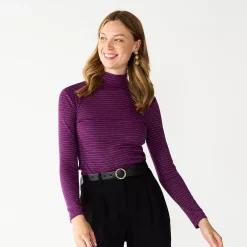 Women's Nine West Long Sleeve Fitted Turtleneck Top -Nine West shop 5691570 Plum Shine Stripe
