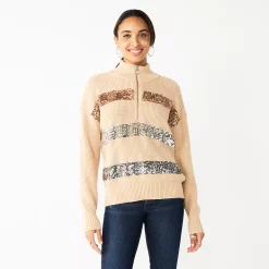 Women's Nine West Quarter Zip Sequin Stripe Pullover Sweater -Nine West shop 5713489 Camel