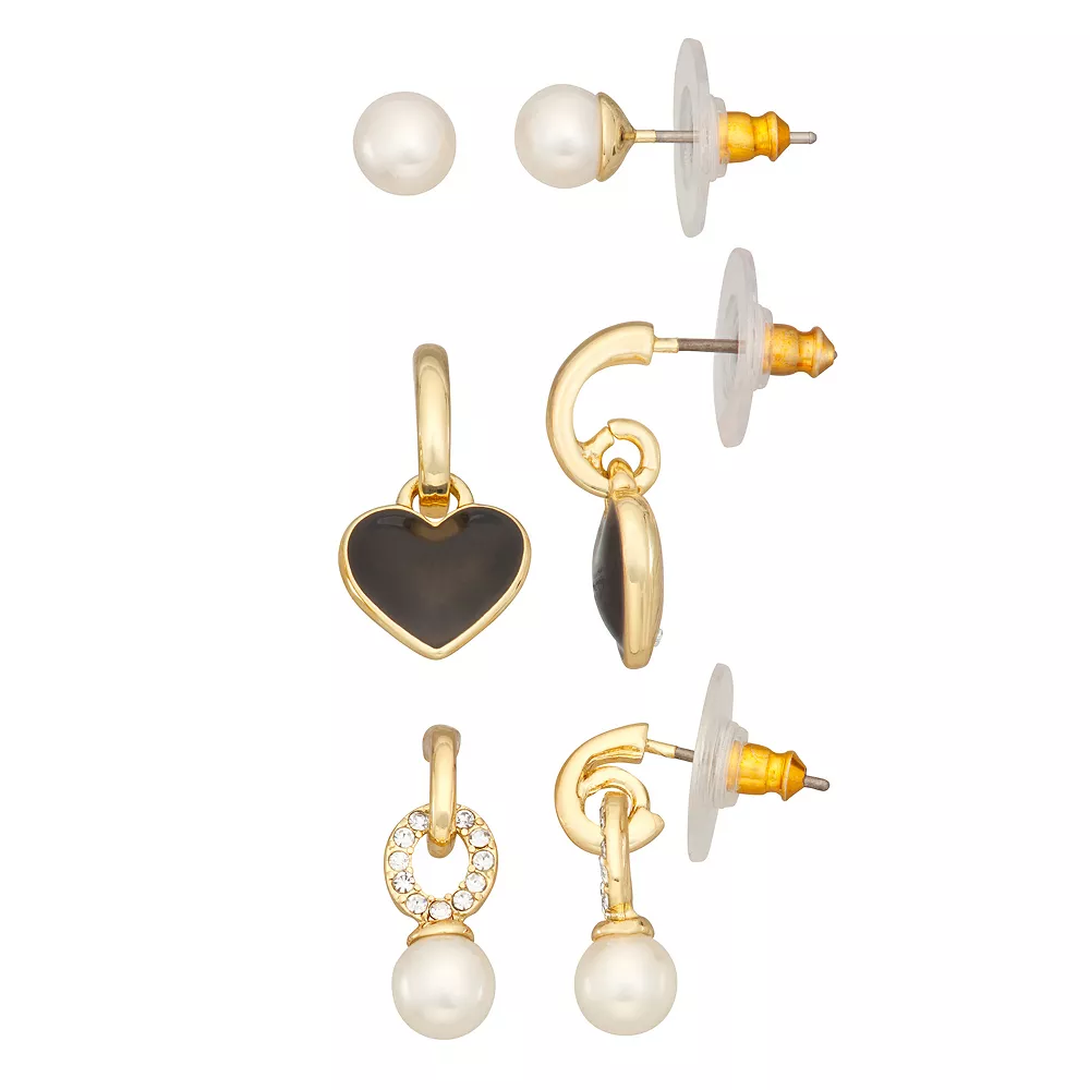 Nine West Gold Tone Simulated Pearl & Heart Drop Earrings Trio Set 3 Nine West Gold Tone Simulated Pearl & Heart Drop Earrings Trio Set