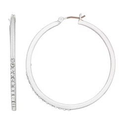Nine West Silver Tone Pave Click It Hoop Earrings