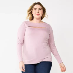 Plus Size Nine West Fitted Long Sleeve Cutout Top -Nine West shop 5815656 Washed Grape
