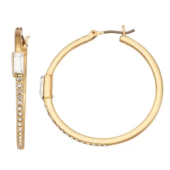 Nine West Gold Tone Crystal Pave & Baguette Hoop Earrings