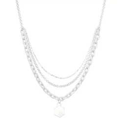 Nine West Silver Tone Three Row Hexagon Pendant Necklace