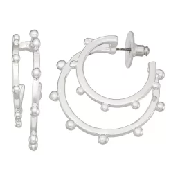 Nine West Silver Tone Ball Double Hoop Earrings