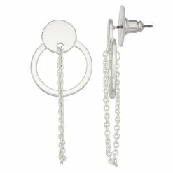 Nine West Silver Tone Doorknocker Chain Stud Earrings