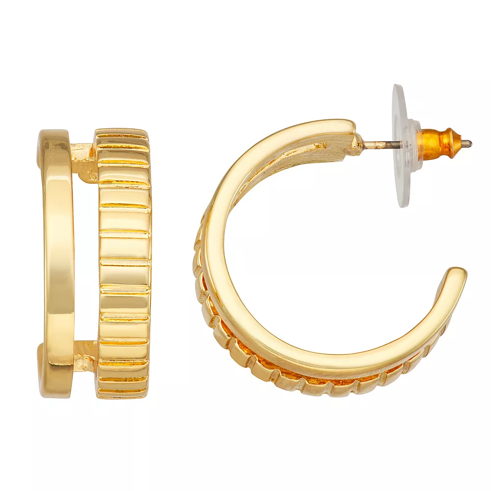 Nine West Gold Tone Double-Row Textured Hoop Earrings 3 Nine West Gold Tone Double-Row Textured Hoop Earrings